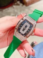 Luxury Replica Richard Mille RM 007 Ladies Diamond Set Green Strap Watch – Black Dial, Green Rubber Strap - Image 4