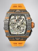 Swiss Replica Richard Mille RM 11-03 McLaren Watch – Carbon Fiber Skeleton Chronograph with Striking Orange Rubber Strap