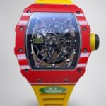 Best Richard Mille RM35-02 Replica – Red Carbon Case, Yellow Strap, Swiss Movement, Skeleton Dial