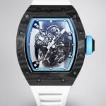 Best Replica RICHARD MILLE RM 055 Skeleton Watch - Swiss Movement Super Clone, Carbon Fiber Case, Sporty White Rubber Strap