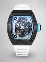 Best Replica RICHARD MILLE RM 055 Skeleton Watch - Swiss Movement Super Clone, Carbon Fiber Case, Sporty White Rubber Strap
