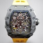 Best Swiss Replica Richard Mille RM 011 Skeleton Dial Watch – Carbon Fiber Case, Yellow Rubber Strap