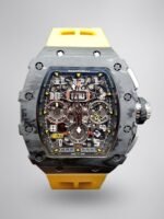 Best Swiss Replica Richard Mille RM 011 Skeleton Dial Watch – Carbon Fiber Case, Yellow Rubber Strap