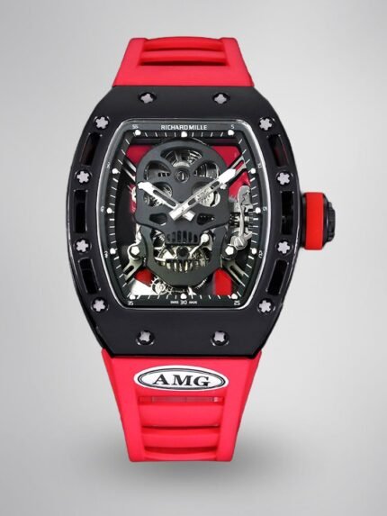 Replica Richard Mille RM052 Titanium Skeleton Tourbillon Watch with Red Rubber Strap