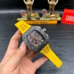 Best Swiss Replica Richard Mille RM 011 Skeleton Dial Watch – Carbon Fiber Case, Yellow Rubber Strap - Image 4