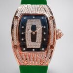 Luxury Replica Richard Mille RM 007 Ladies Diamond Set Green Strap Watch – Black Dial, Green Rubber Strap