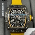 Swiss Replica Richard Mille RM 12-01 Tourbillon Watch – Bold Yellow Fabric Strap, Carbon Fiber Barrel Case, Skeleton Dial - Image 3