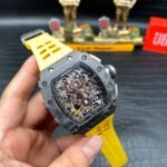 Best Swiss Replica Richard Mille RM 011 Skeleton Dial Watch – Carbon Fiber Case, Yellow Rubber Strap - Image 3
