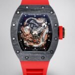 Swiss Replica Richard Mille RM 57-03 Dragon Skeleton Dial, Carbon Fiber Case, Red Rubber Strap Luxury Watch