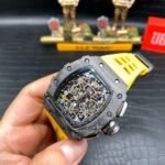 Best Swiss Replica Richard Mille RM 011 Skeleton Dial Watch – Carbon Fiber Case, Yellow Rubber Strap - Image 5