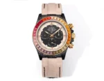 Rolex Daytona Custom Carbon Fiber Night Glow Case Watch – Black with Rainbow Bezel, Beige Strap