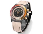 Rolex Daytona Custom Carbon Fiber Night Glow Case Watch – Black with Rainbow Bezel, Beige Strap - Image 2