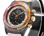 Rolex Daytona Custom Carbon Fiber Night Glow Case Watch – Black with Rainbow Bezel, Beige Strap - Image 3